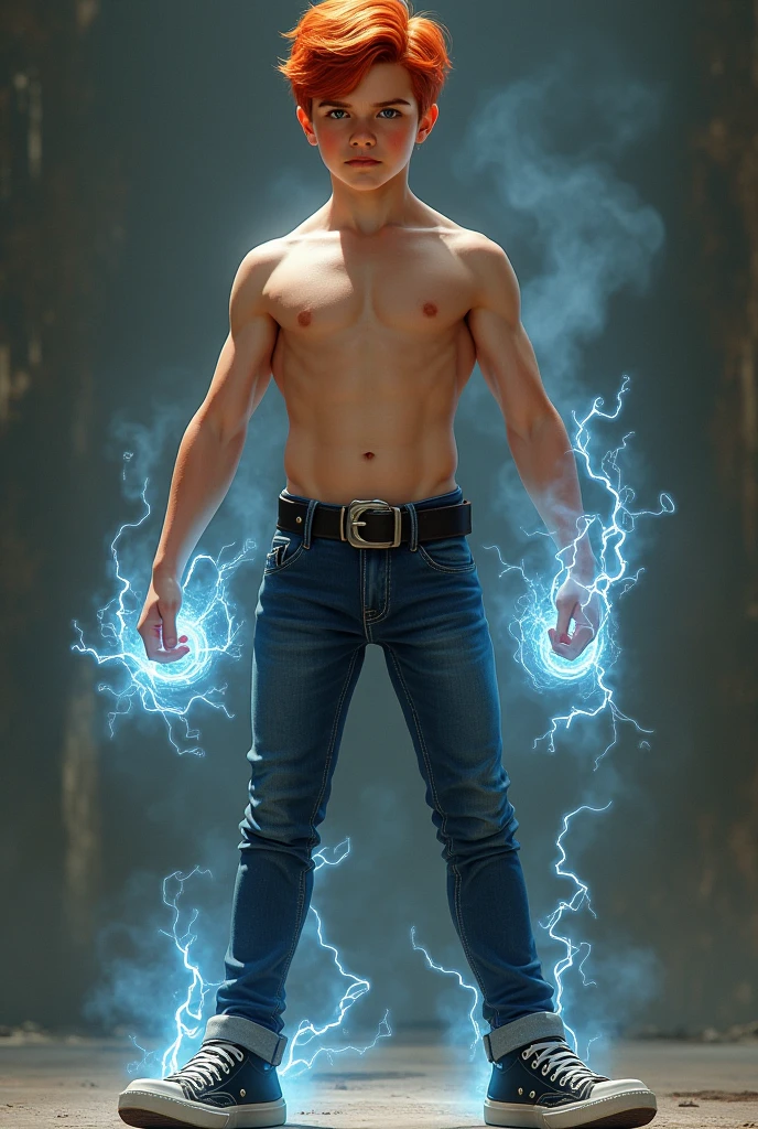 Realistic muscular white boy with red hair shirtless superhero pose wearing tight jeans black leather magic belt tight around waist electric sparks from belt buckle tennis shoes.