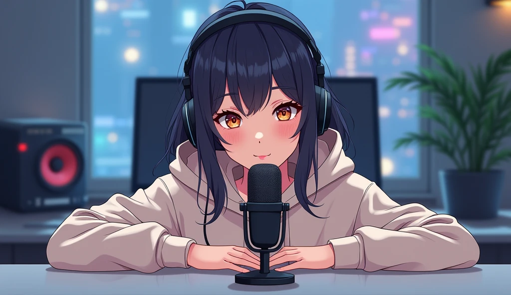 ((Masterpiece)), (((Best Quality)))),Create an anime-friendly looking female character with headphones who appears handsome and smart.with headphones , SHe has a good face and is wearing a hoodie. The character is sitting behind microphone in office, with microphone infront, with his arms on the desk. It is night, and the room a digital futuristic studio background. Computer Room. The female character is front-facing to the camera, looking straight and centered. This is a central portrait with an audio microphone on the desk near his mouth. The character's face should occupy about 1/3 of the image size. He is sitting straight, front view, and centered, looking straight ahead. The overall ambiance of the image should convey a connection to minimalism, with flat illustration, bold lines, simplification, and a gouache illustration style. The image should be in 8K resolution.