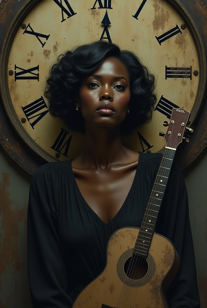 black woman with a sad and melancholic expression and in the background a large old clock with a broken hand and a guitar in the background