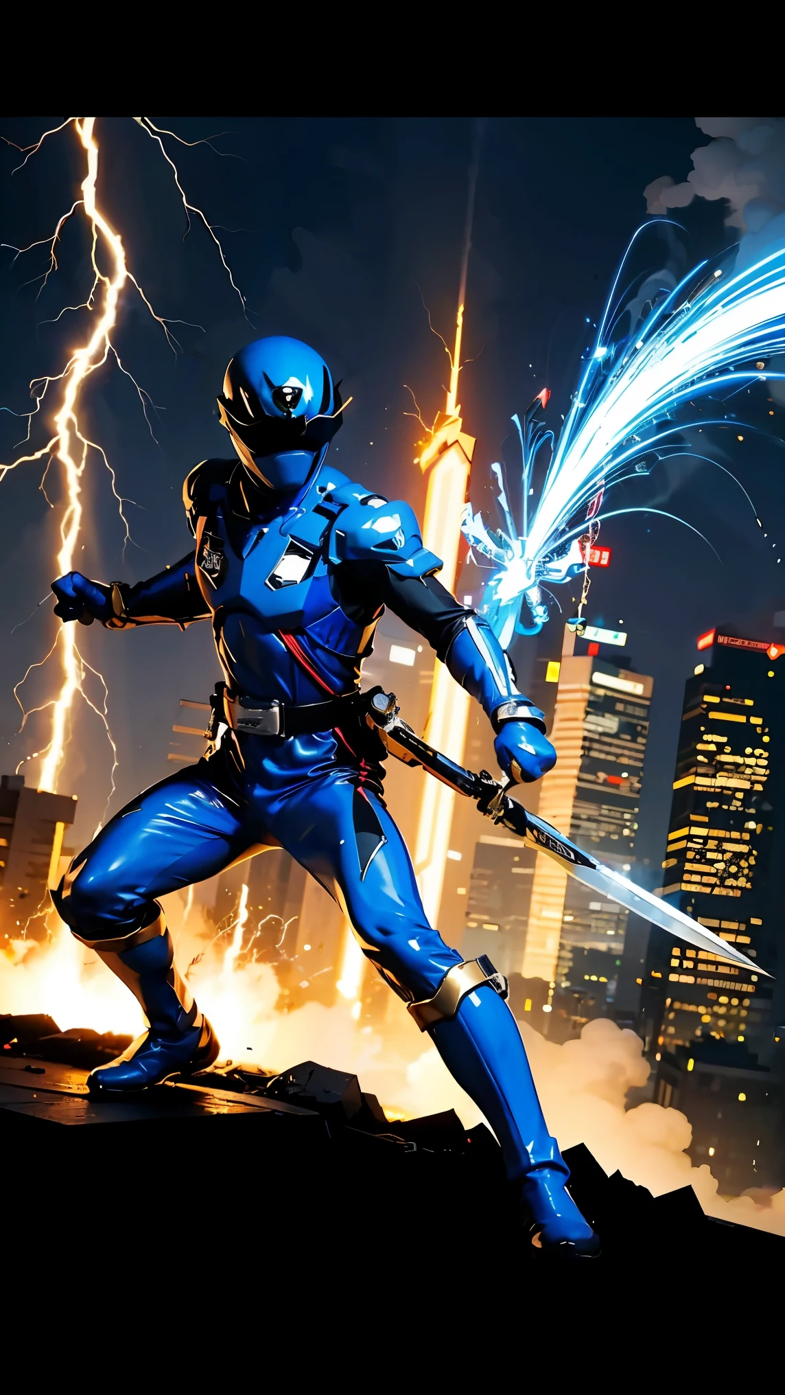 1boy, full body, Illustration, cinematic light, high resolution, best quality, ultra-detailed, masterpiece, power suit, powerranger, suit, spd, gold detail, ((Blue suit)), thunder particle, lightning,  ((ninja inspired pose))