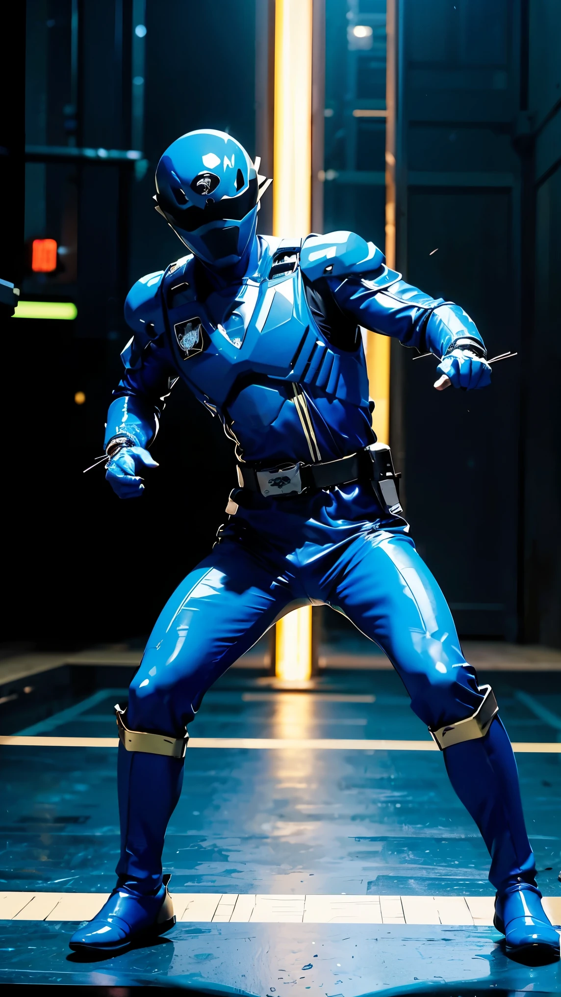 1boy, full body, Illustration, cinematic light, high resolution, best quality, ultra-detailed, masterpiece, power suit, powerranger, suit, spd, gold detail, ((Blue suit)), thunder particle, lightning,  ((ninja inspired pose))