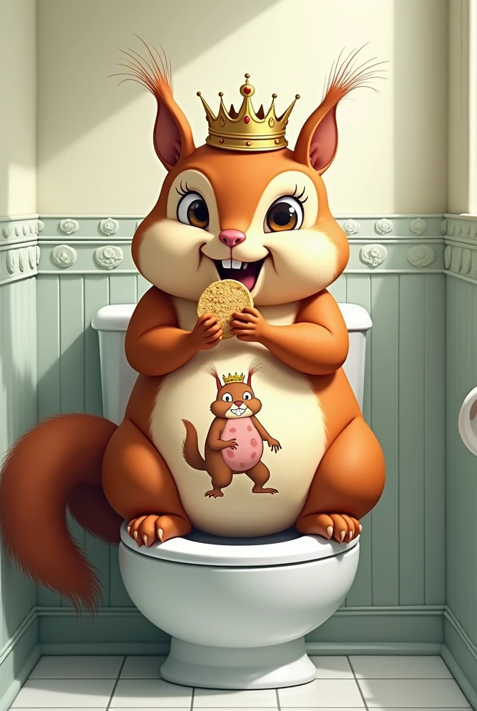 Fat squirrel eating while sitting on toilet with a crown on his head and King Kloppi on his stomach