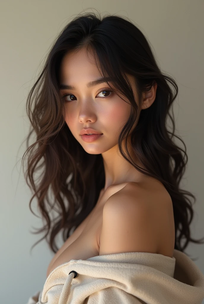 Beautiful very veryyyyyyyy very very very real and realistic looking young Latina girl with wavy brown not too long hair with not that much showing collar bones and smaller boobs ina hoodie