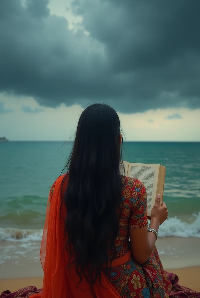 A kerala young female reading A novel on the kerala sea shore. Back view.background dark cloud and sea.top View from her shoulder. Close up book image.realistic image.