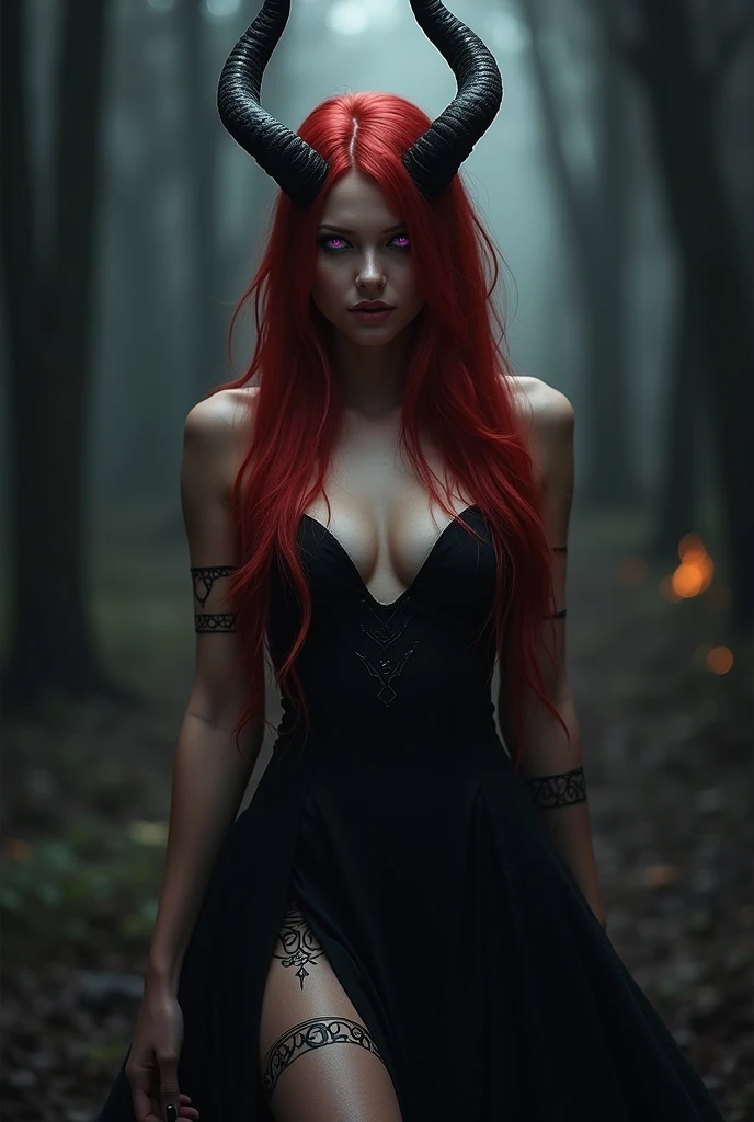 a detailed demonic woman with piercing purple eyes, long flowing red hair, long curved horns pointing upwards, wearing a black dress with adventurous designs along the sides of the legs, cinematic lighting, dark fantasy, highly detailed, photorealistic, 8k, masterpiece