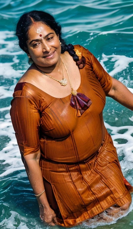 vijaya milf, hot curves,cute face,a woman in a brown dress waking in sea water ,(cinematic:1.3), intricate details, (ArtStation:1.2),detailed face, 4k, UHD,beautiful eyes, realistic skin texture,hairs tied up , Sexy curves ,milf figure,years,Beautiful Indian Woman, kerala Beauty, gorgeous, hindu bhabhi,godess women,