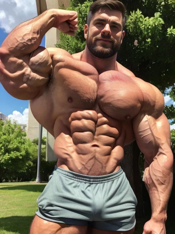realistic, park, young, sunny day, brunette haired male figure with well-defined, hyper-realistic musculature (muscle definition:1.4). Chest and abdominal muscles appear toned and chiseled, with visible fibers and striations (chest muscles:1.6). Skin has a lifelike, organic texture with subtle imperfections (skin realism:1.5)., rippling chest, short shorts, Clark, (Niklas:1.5), hyper massive muscles, (huge muscles:1.5),