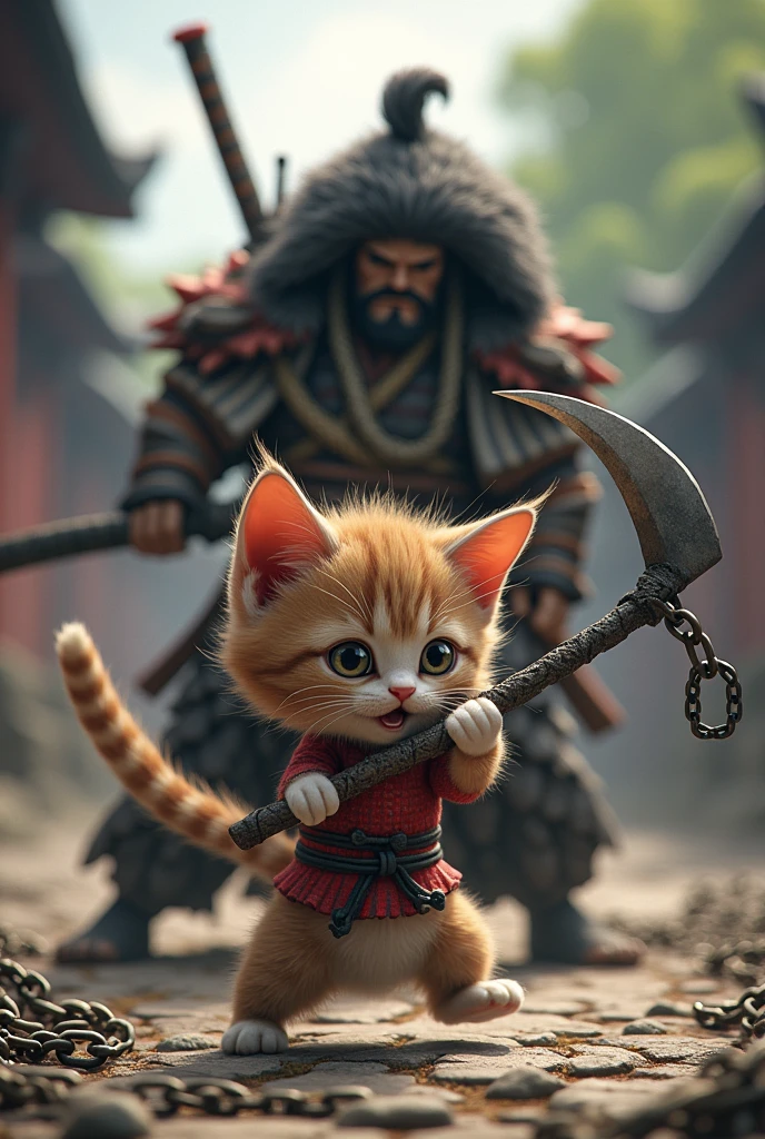 A cute kitten is swinging a chain、A cute kitten with a big head is boldly swinging a sickle on a long chain、The opponent is Miyamoto Musashi of the Niten Ichiryu school.、Fight、Kenshu、Old Japanese roads、Realistic、Many chains are wrapped around the opponent