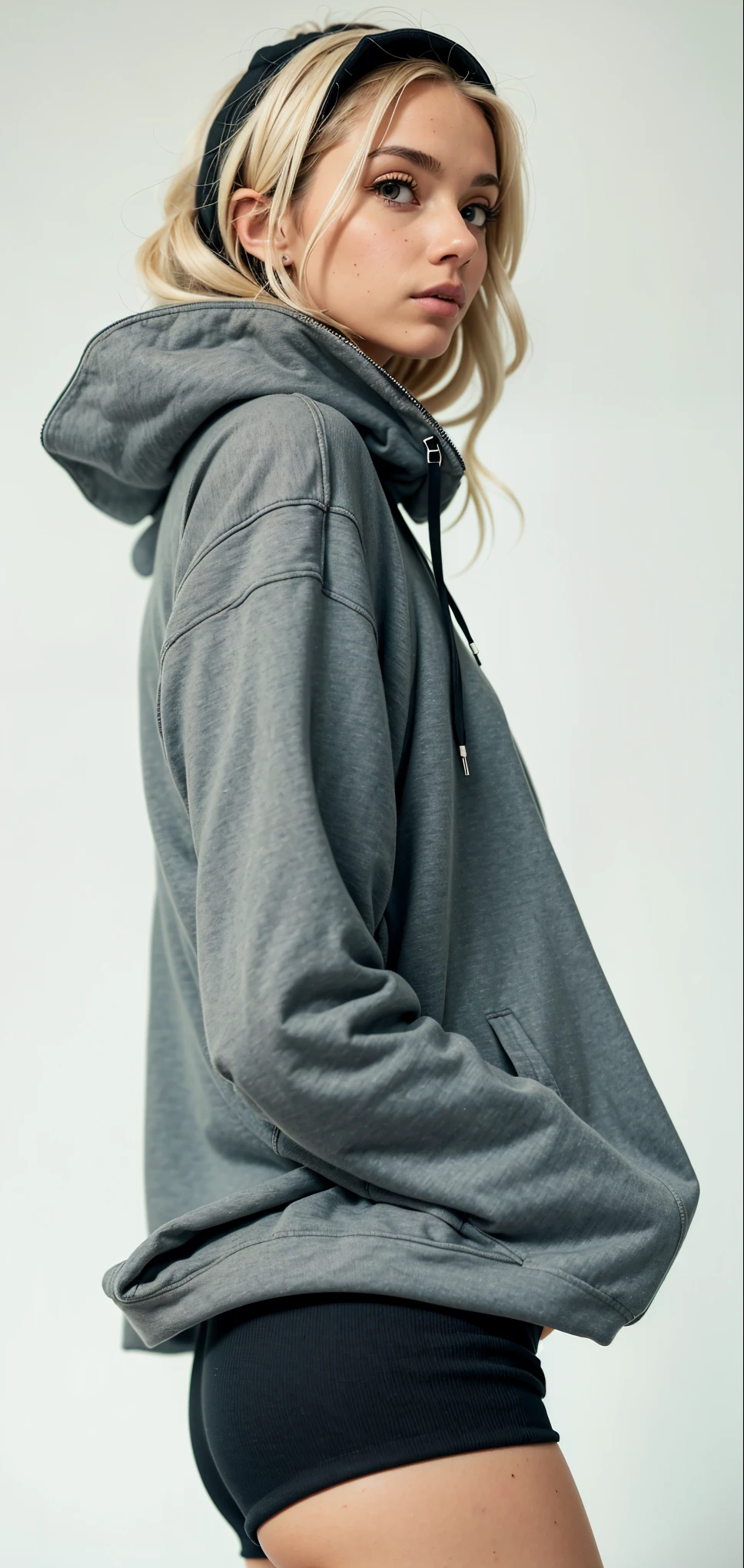 a woman in a gray hoodie and black shorts posing for a picture, girl wearing hoodie, gray hoodie, wearing hoodie, wearing an oversized hoodie, grey hoodie, oversized hoodie, in a hoodie, hodie mihi cras tibi, oversized, wearing a hoodie, hoodie, grey hoodie opened, in a black hoodie, dark grey, wearing a hoody, wearing sweatshirt