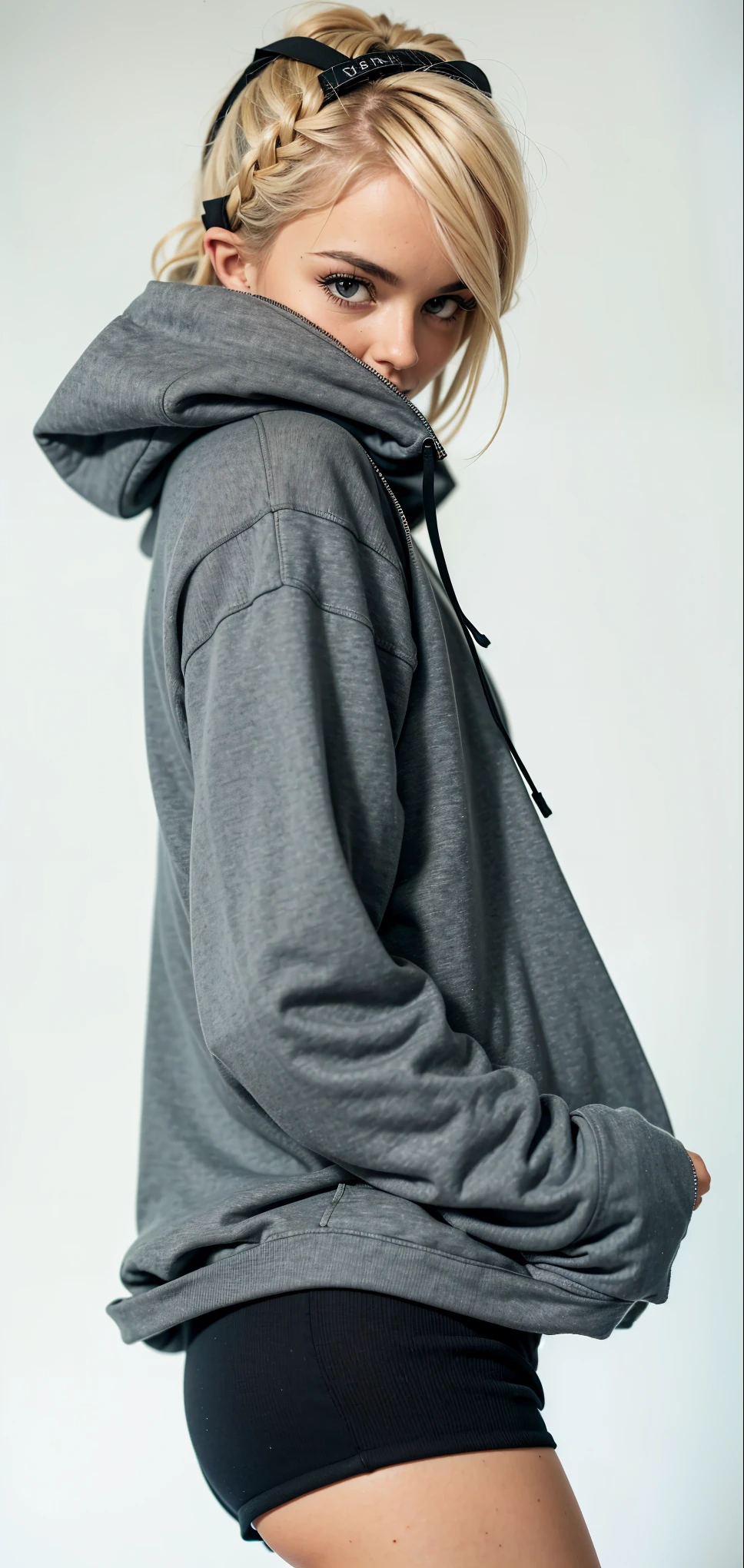 a woman in a gray hoodie and black shorts posing for a picture, girl wearing hoodie, gray hoodie, wearing hoodie, wearing an oversized hoodie, grey hoodie, oversized hoodie, in a hoodie, hodie mihi cras tibi, oversized, wearing a hoodie, hoodie, grey hoodie opened, in a black hoodie, dark grey, wearing a hoody, wearing sweatshirt