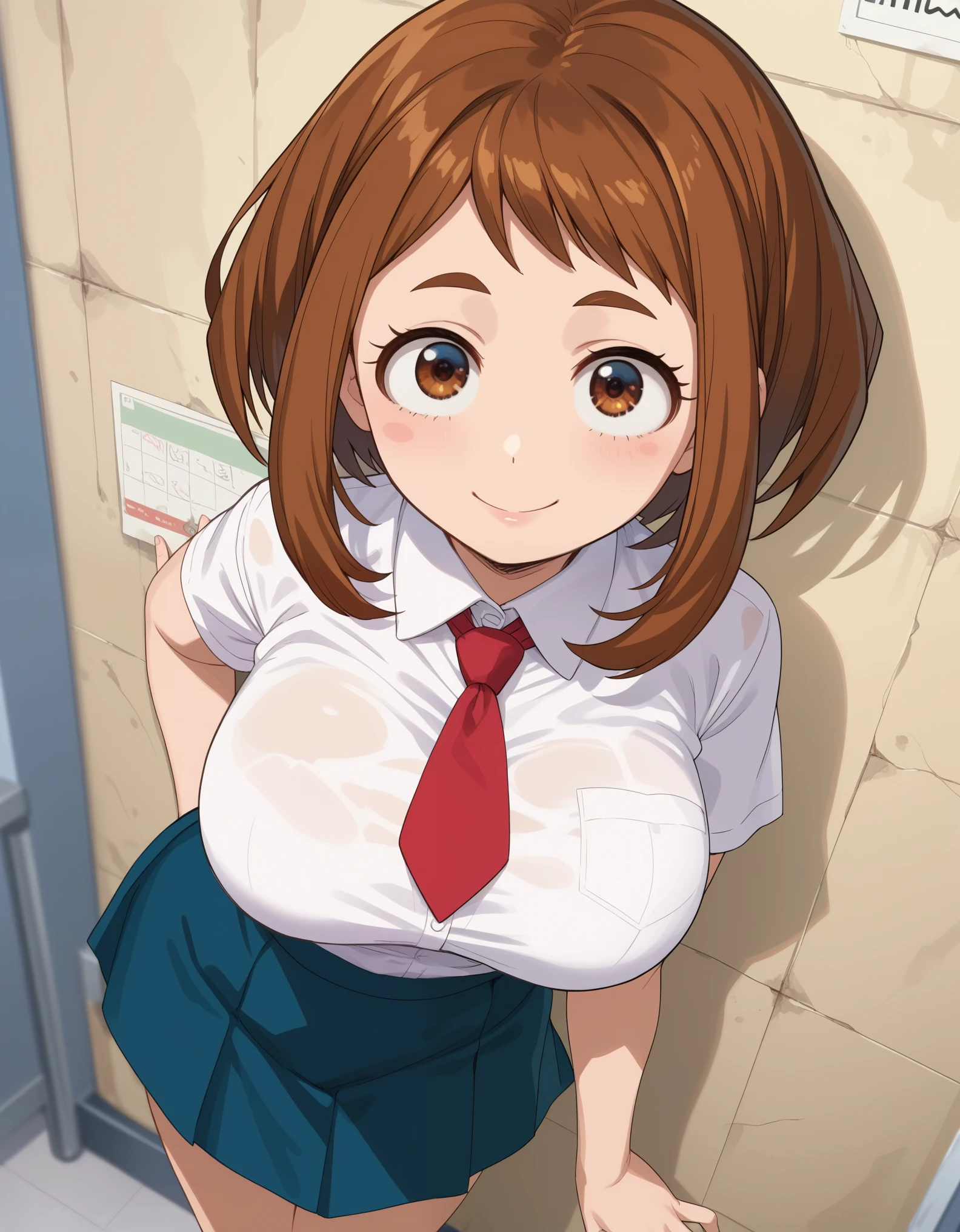 score_7_up, score_6_up, best quality, anime screencap, 1girl, ochako uraraka, brown eyes, brown hair, short hair, large breasts, standing, from front, looking at viewer, white shirt, blue skirt, student, red tie, smile, school, in front of wall, pov, from above, cowboy shot