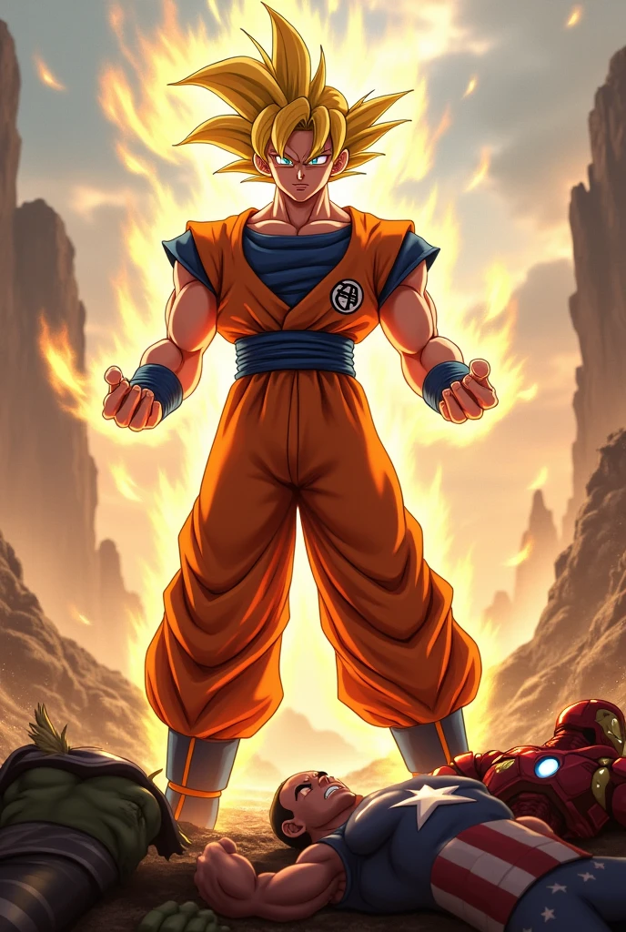 hình ảnh thực tế, Goku Ultra Instinct fights the Avengers, Goku chiến thắng, (thor) (the hulk) (iron man) (captain america) all lie at Goku&#39;s feet.