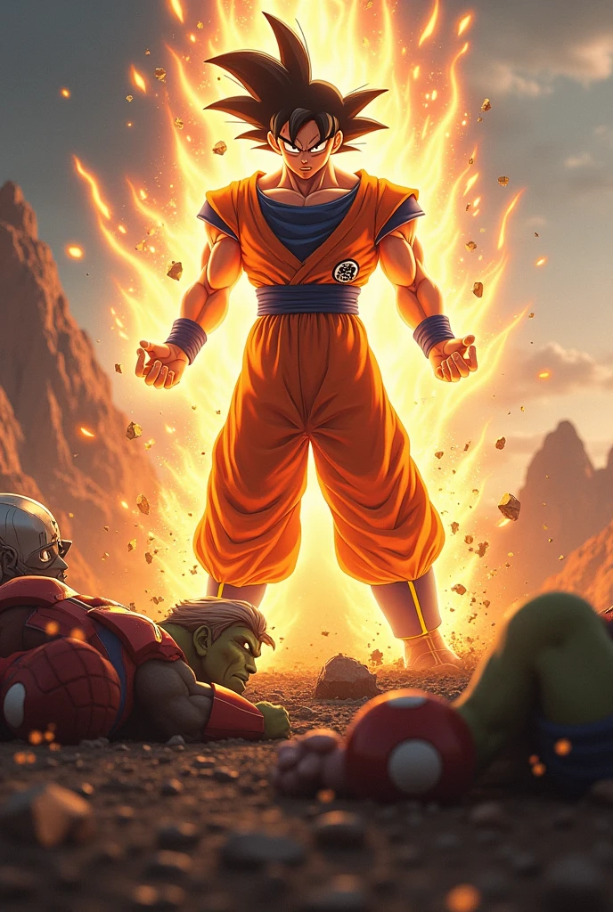 hình ảnh thực tế, Goku Ultra Instinct fights the Avengers, Goku chiến thắng, (thor) (the hulk) (iron man) (captain america) all lie at Goku&#39;s feet.