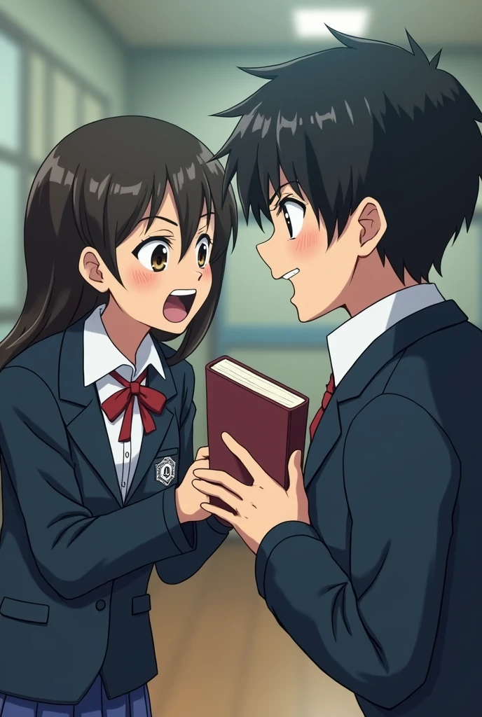 (wearing school uniform) (the bully closeup) tries to snatch a book from other  boy.