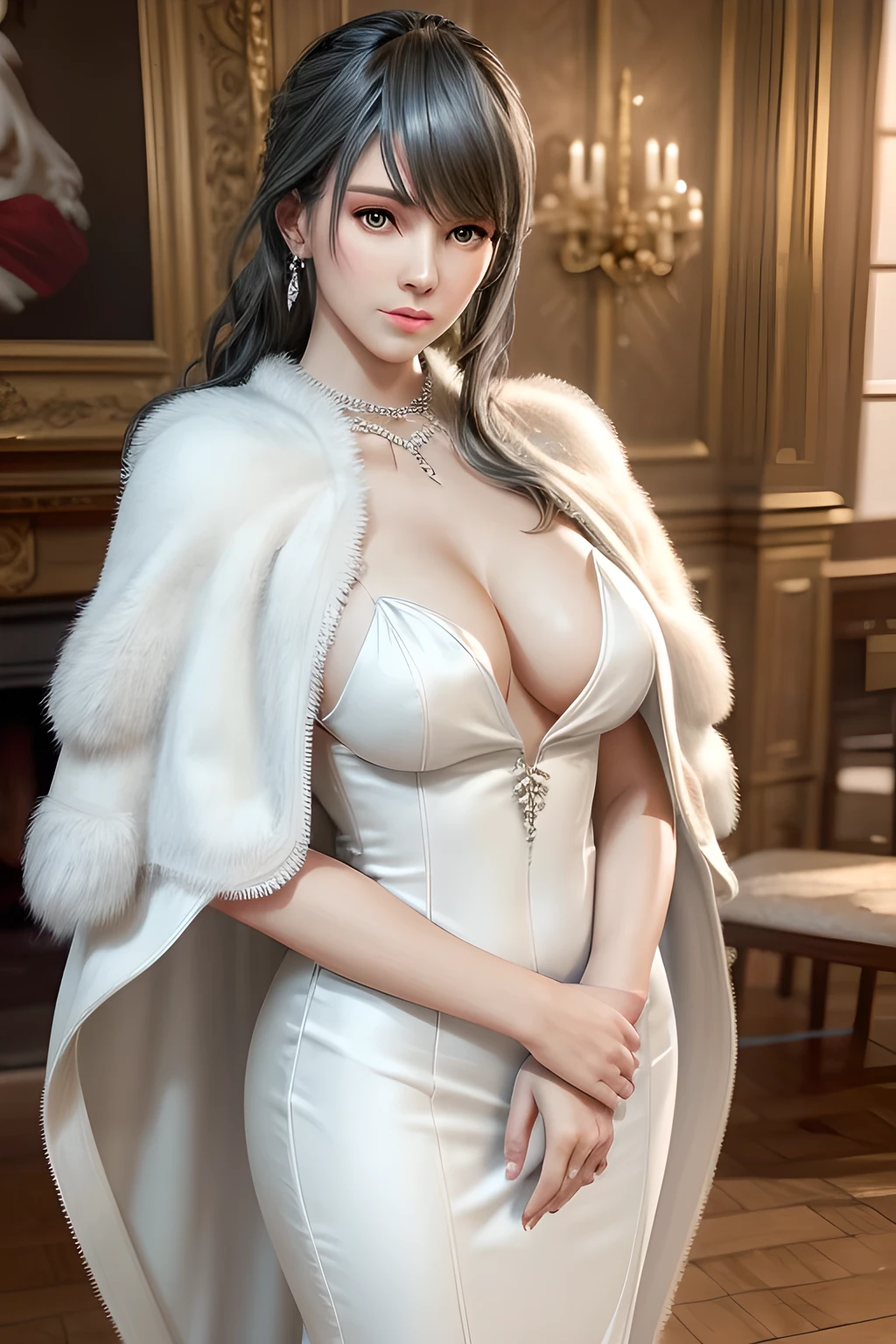A lady with extraordinary temperament, she stands in a modern indoor space, as if she is a model from a fashion magazine. She is wearing a (pure white long fur cape), the softness and luster of which makes her look more noble under the light, and complements her (beige dress) underneath, showing her gentle temperament while maintaining a sense of fashion. The style of the dress is simple and generous, a perfect match, and it lengthens her figure, making her tall and charming. The lady's makeup is delicate and elegant, which just highlights her facial features and makes people unforgettable at first sight. Although the earrings and necklace she wears are not ostentatious, they add a bit of sophistication and nobility to her overall look. Her hair is casually draped over her shoulders, and every strand of hair exudes a natural luster,, (best quality,8k,highres,masterpiece:1.2),ultra-detailed,(realistic,photorealistic,photo-realistic:1.37),studio lighting,ultra-fine painting,sharp focus,physically-based rendering,extreme detail description,professional,vivid colors