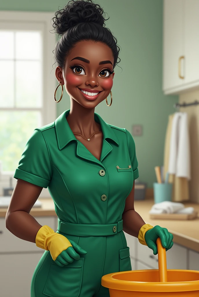 Generate portrait three quater view of a smiling African cleaning woman in green with cleaning items