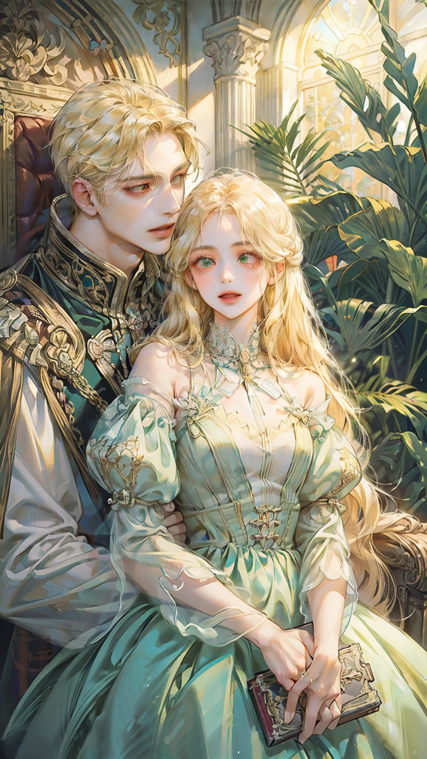 ((best quality)), ((ultra high definition)), ((masterpiece)), ((Romance Fantasy)), ((illustration)), (detailed), (clear), (Perfect), 1 woman, mature, beautiful, pure, smile, long blonde hair, white skin, green eyes, Deep double eyelids, abundant eyelashes, pretty lips, big bust, small waist, A simple design dress, Holding a book in one&#39;s arms, outdoor, Sunny weather, Brilliant sunshine