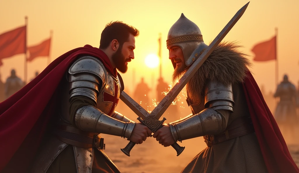 "A highly realistic, high-contrast, 8K HD, detailed, hyper-detailed image of a tense battle scene between the Crusader protagonist and the Lion-Emblazoned General. The Crusader, with his steel armor bearing a prominent red cross, has a stern expression, his dark hair and beard clearly visible as he confronts his foe. The Lion-Emblazoned General, clad in steel armor with a fierce lion emblem on his chest, keeps his face hidden behind a helmet, adding to his menacing presence. The two warriors are locked in a fierce one-on-one duel, swords clashing with sparks flying in the desolate desert battlefield. The setting sun casts long shadows, and the warm, orange light creates a dramatic contrast with the cold steel of their armors. Dust swirls around their feet, and the distant echoes of the ongoing battle heighten the tension. The image is of the highest quality, with ultra-high resolution, RAW photo quality, and Unreal Engine rendering, capturing the epic confrontation at the moment of its climax."