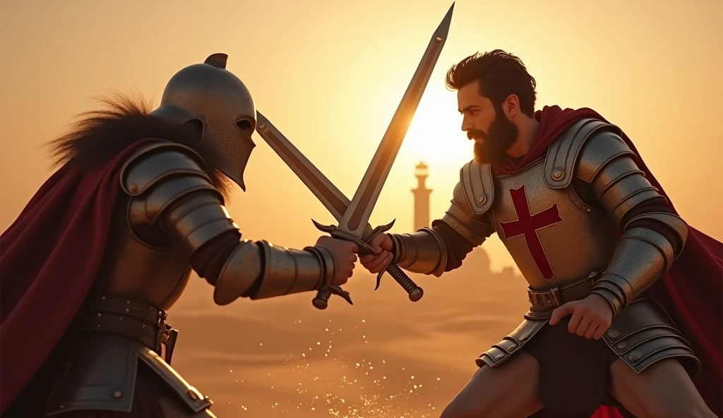 "A highly realistic, high-contrast, 8K HD, detailed, hyper-detailed image of a tense battle scene between the Crusader protagonist and the Lion-Emblazoned General. The Crusader, with his steel armor bearing a prominent red cross, has a stern expression, his dark hair and beard clearly visible as he confronts his foe. The Lion-Emblazoned General, clad in steel armor with a fierce lion emblem on his chest, keeps his face hidden behind a helmet, adding to his menacing presence. The two warriors are locked in a fierce one-on-one duel, swords clashing with sparks flying in the desolate desert battlefield. The setting sun casts long shadows, and the warm, orange light creates a dramatic contrast with the cold steel of their armors. Dust swirls around their feet, and the distant echoes of the ongoing battle heighten the tension. The image is of the highest quality, with ultra-high resolution, RAW photo quality, and Unreal Engine rendering, capturing the epic confrontation at the moment of its climax."