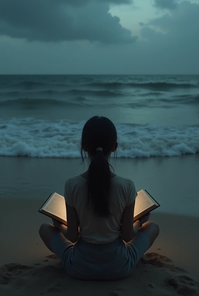 A young female reading A novel on the kerala sea shore. Back view.background dark cloud and sea.top View from her shoulder. Close up book image.realistic image.