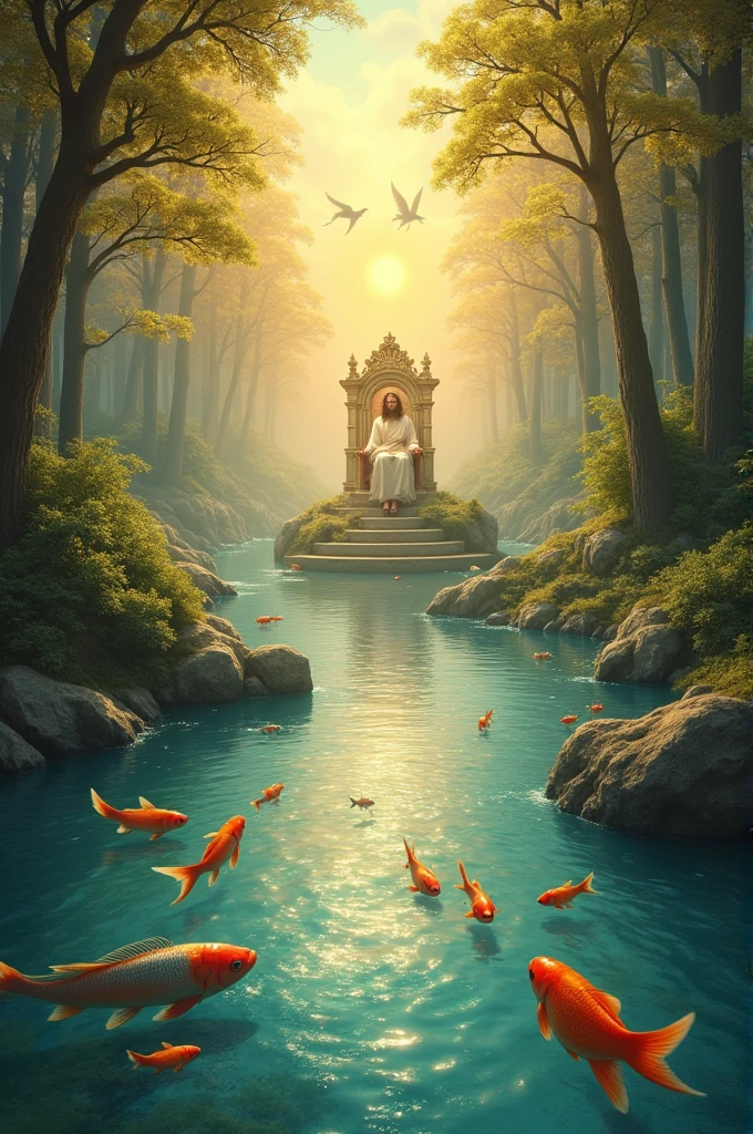 Glossy river,multi colour fishes,trees on two sides,background with akyscpping gold thown ,blurr jesus sitting on thrown,bright sky with angles