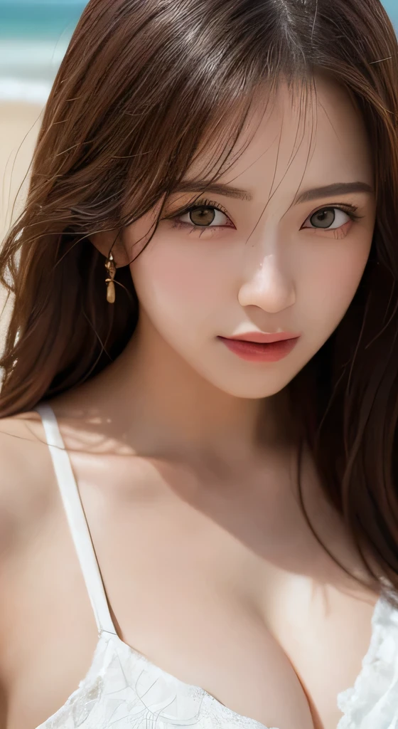 Tabletop, Highest quality, figure, Very detailed, In detail, High resolution, 8k wallpaper, Perfect dynamic composition, Beautiful attention to detail , Beach, Sexy Face,A face of ecstasy,The face at the peak of sexual arousal, (The eyelashes on both eyes are equal and beautiful.), Cleavage
