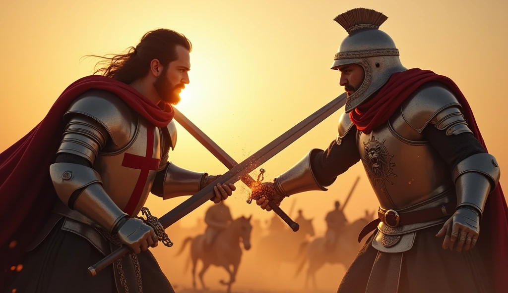 "A highly realistic, high-contrast, 8K HD, detailed, hyper-detailed image of a tense battle scene between the Crusader protagonist and the Lion-Emblazoned General. The Crusader, with his steel armor bearing a prominent red cross, has a stern expression, his dark hair and beard clearly visible as he confronts his foe. The Lion-Emblazoned General, clad in steel armor with a fierce lion emblem on his chest, keeps his face hidden behind a helmet, adding to his menacing presence. The two warriors are locked in a fierce one-on-one duel, swords clashing with sparks flying in the desolate desert battlefield. The setting sun casts long shadows, and the warm, orange light creates a dramatic contrast with the cold steel of their armors. Dust swirls around their feet, and the distant echoes of the ongoing battle heighten the tension. The image is of the highest quality, with ultra-high resolution, RAW photo quality, and Unreal Engine rendering, capturing the epic confrontation at the moment of its climax."