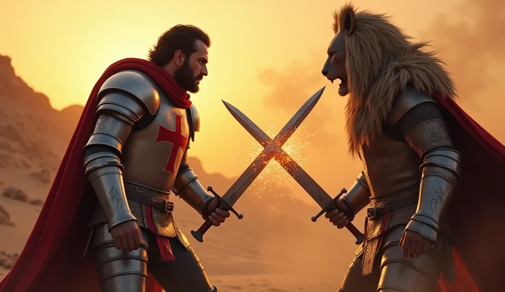 "A highly realistic, high-contrast, 8K HD, detailed, hyper-detailed image of a tense battle scene between the Crusader protagonist and the Lion-Emblazoned General. The Crusader, with his steel armor bearing a prominent red cross, has a stern expression, his dark hair and beard clearly visible as he confronts his foe. The Lion-Emblazoned General, clad in steel armor with a fierce lion emblem on his chest, keeps his face hidden behind a helmet, adding to his menacing presence. The two warriors are locked in a fierce one-on-one duel, swords clashing with sparks flying in the desolate desert battlefield. The setting sun casts long shadows, and the warm, orange light creates a dramatic contrast with the cold steel of their armors. Dust swirls around their feet, and the distant echoes of the ongoing battle heighten the tension. The image is of the highest quality, with ultra-high resolution, RAW photo quality, and Unreal Engine rendering, capturing the epic confrontation at the moment of its climax."
