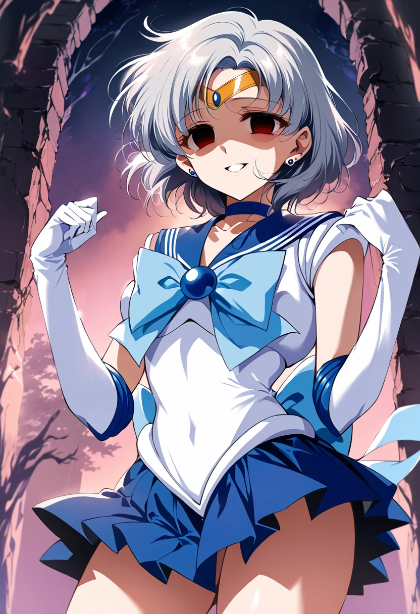 (masterpiece, Highest quality, so beautiful, Very detailed), Intricate details, 12k, Honestly, aamercury, short hair,  tiara, earrings, , blue choker, blue sailor collar, blue bowtie, white shirt, elbow gloves, white gloves, pleated skirt, blue skirt, bare legs, Are standing, Cowboy Shot,,(Wicked Smile:1.2), One person,(Silver Hair:1.4),(empty eyes,:1.4),From below,Watching the dawn,Dark aura,View your audience,(red eyes:1.2),