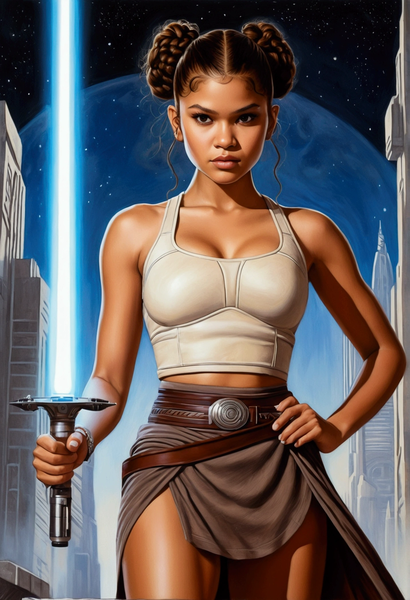 An illustrated movie poster, hand-drawn, full color, a teenage Jedi, 18-years-old, female, wearing a crop top and a skirt, athletic hourglass figure, busty bosoms, full wide hips, massive round butt, long shapely legs, ridiculously thick powerful thighs, hazel eyes, dark hair, curly ponytail, warm brown complexion, resembles Zendaya, standing above Coruscant, graphite shading, stencil marks, airbrushed acrylic paint, masterpiece, in the style of Drew Struzan