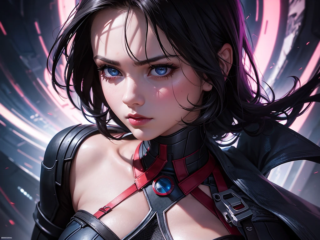 Portrait, Masterpiece, Excellent, 1girl, solo, complex details, color diffusion, close-up, pale female, Asian female, female giant, athletic female, strong thighs, black hair, dark hair, blue eyes, combat attire, alluring attire, epic, martial artist, Sci-Fi, Fantasy