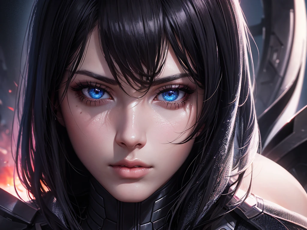 (High Detail:1.2) Anime Girl, (Best quality, Detailed), (dark, gravelly:1.3, dark:1.2), 1girl, (solo), ( dark black skin), two blades of Azzinoth, short bob hair, black hair, blue eyes, fair skin, sinister, intense look, background dark, Volumetric light, hyper realistic, super detailed, Dynamic pose
