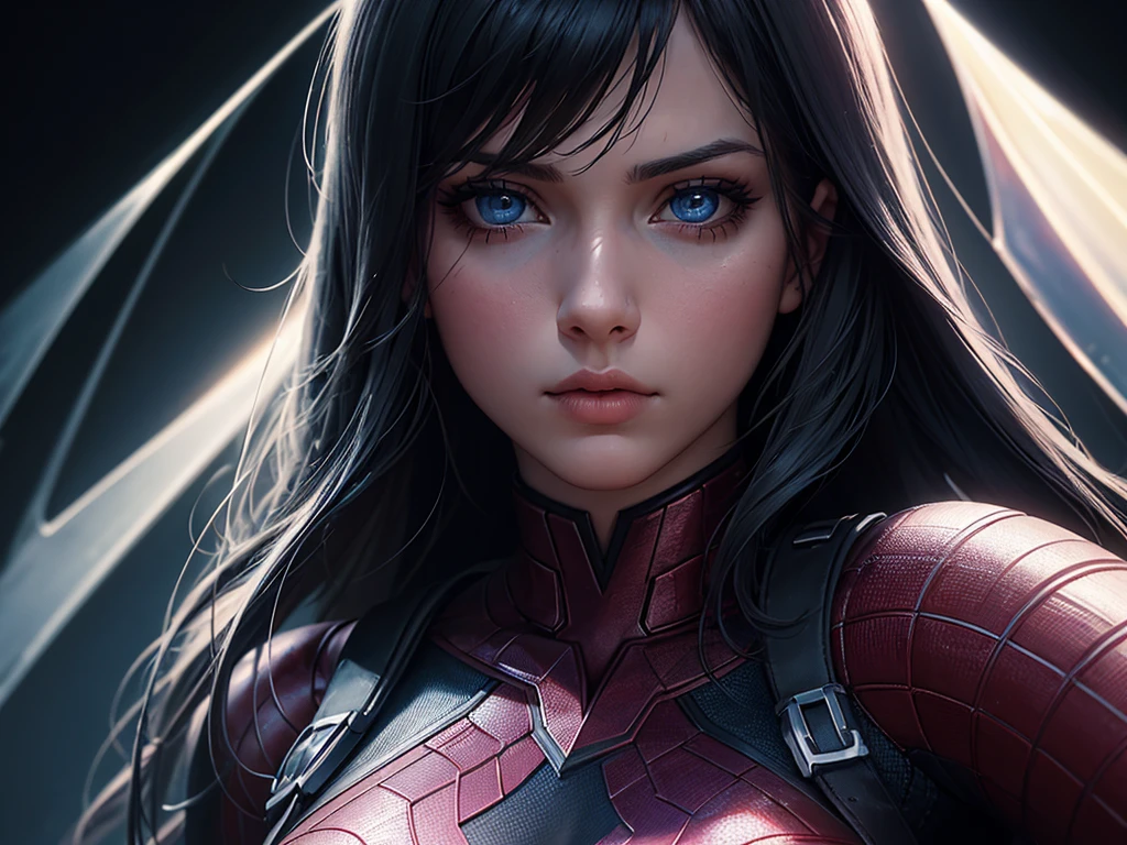 a poster for a marvel film, a girl with beautiful detailed eyes and lips, extremely detailed portrait, photorealistic, 1girl, dramatic lighting, superhero, abstract background, dynamic pose, high contrast, vibrant colors, cinematic composition, hyperrealistic, dark and moody atmosphere