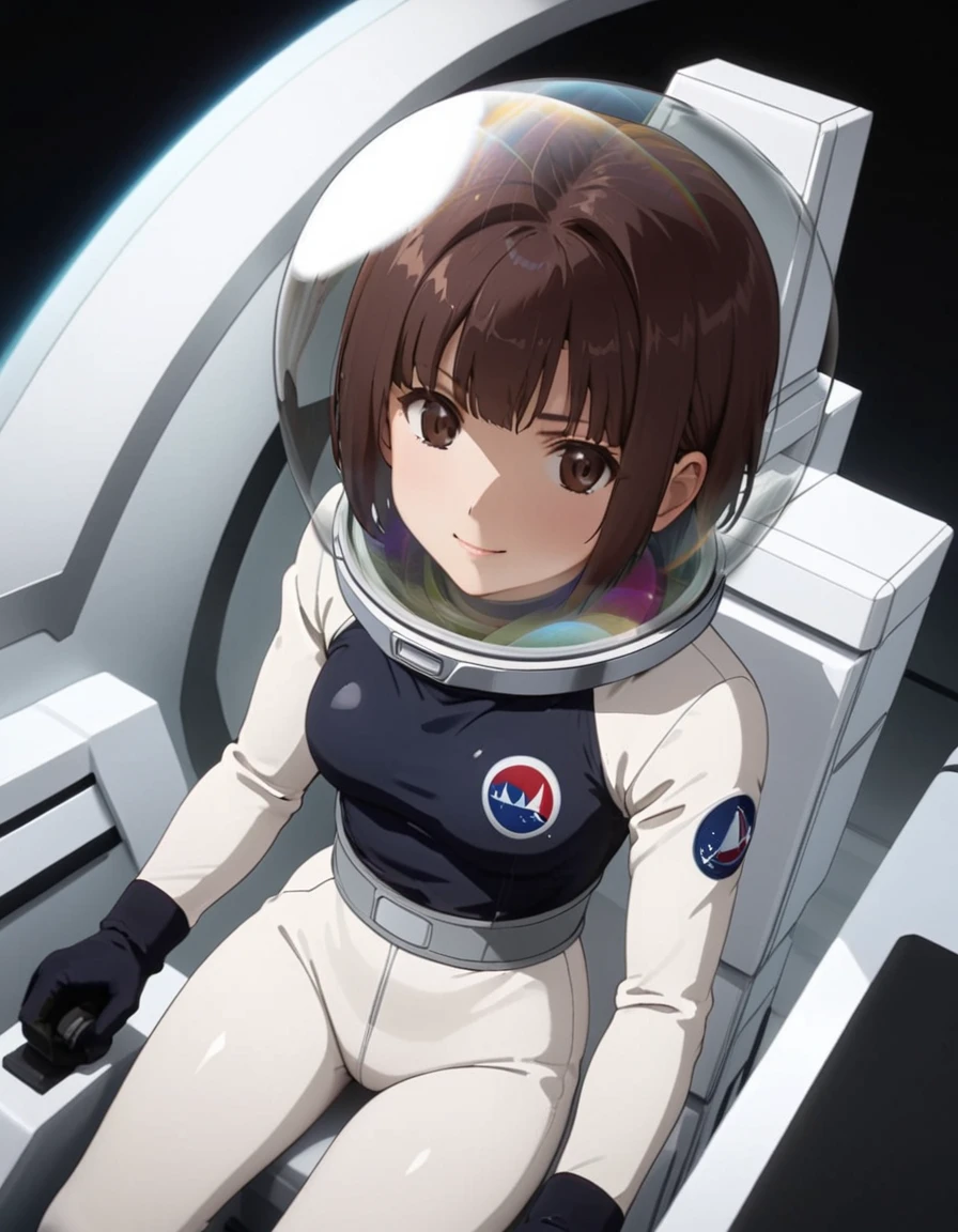 (Spacesuit:1.15), White Cargo Pants, Space Helmet , , Spacewalk, masterpiece, Highest quality, One person, alone, short hair, , , , Bodysuits,Gloss,, short hair, (Futuristic spaceship:1.6), , smile,Covered navel, short hair,Small breasts,From above, space helmet, bubble helmet,Kotori Minami