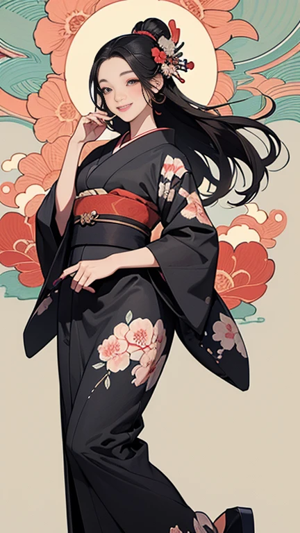 A beautiful woman smiles and shows her upper white teeth、Vividly colored Japanese Ukiyo-e style illustrations、(SeaArt creates stunning illustrations of beautiful women in kimono)、Brown-black long hair、Beautiful full body style、Let's dance a little Tokyo Ondo Yoiyoi、Beautiful digital painting,、Bright vibrant digital anime art、 Detailed digital anime art、 Beautiful anime portraits、background、Torii gate of a shrine in Kyoto, Japan、Detailed CG、
