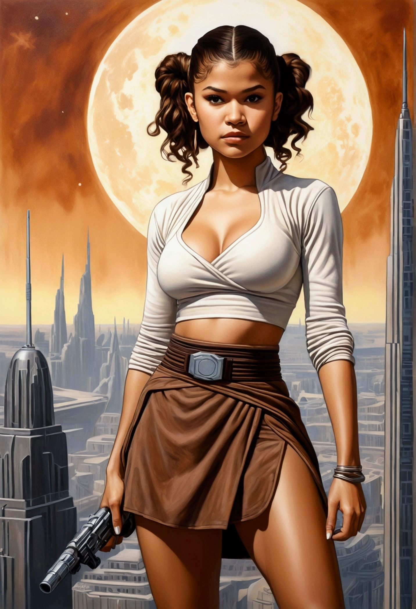 An illustrated movie poster, hand-drawn, full color, a age Jedi, 18-years-old, female, wearing a crop top and a skirt, athletic hourglass figure, busty bosoms, full wide hips, massive round butt, long shapely legs, ridiculously thick powerful thighs, hazel eyes, dark hair, curly ponytail, warm brown complexion, resembles Zendaya, standing above Coruscant, graphite shading, stencil marks, airbrushed acrylic paint, masterpiece, in the style of Drew Struzan