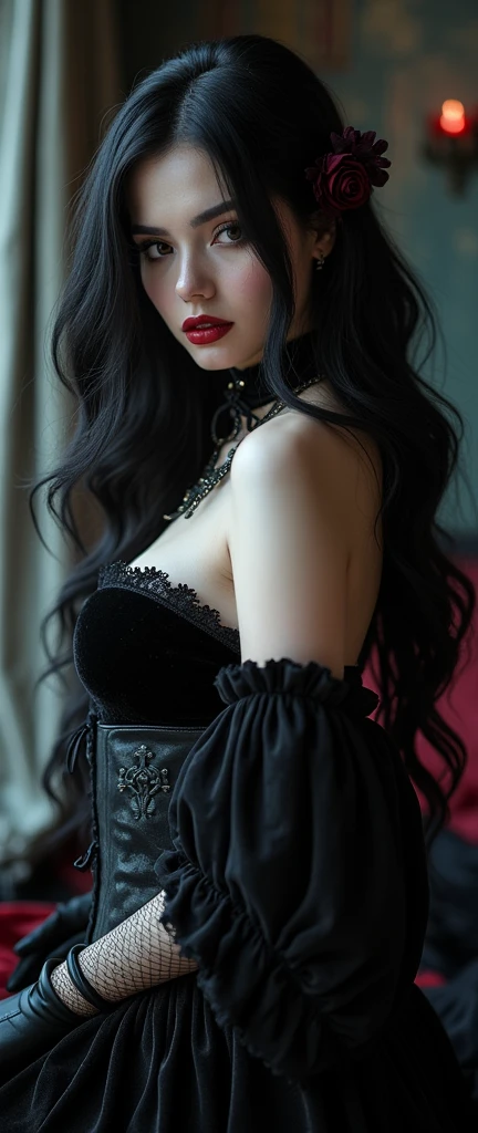 a beautiful dark gothic woman,1girl,dark raven hair,pale skin,intense eyes,full lips,seductive expression,black velvet dress,lace trim,fishnets,leather corset,leather gloves,scarlet and purple accents,occult and religious symbols,dramatic lighting,dark moody atmosphere,cinematic composition,(best quality,4k,8k,highres,masterpiece:1.2),ultra-detailed,(realistic,photorealistic,photo-realistic:1.37),dark fantasy,gothic,dramatic,chiaroscuro lighting,dramatic,moody,atmospheric