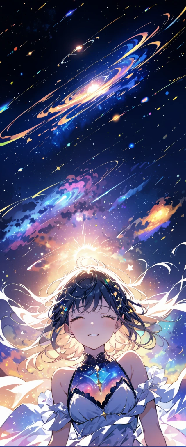 Attention to detail, Super Detail, Ultra-high resolution, A girl having fun in a dream galaxy, Surrounded by stars, The warm light that shines on her, The background depicts a starry sky with colorful galaxies and galactic clouds, The stars fly around her, Delicate face, Add some fun ,