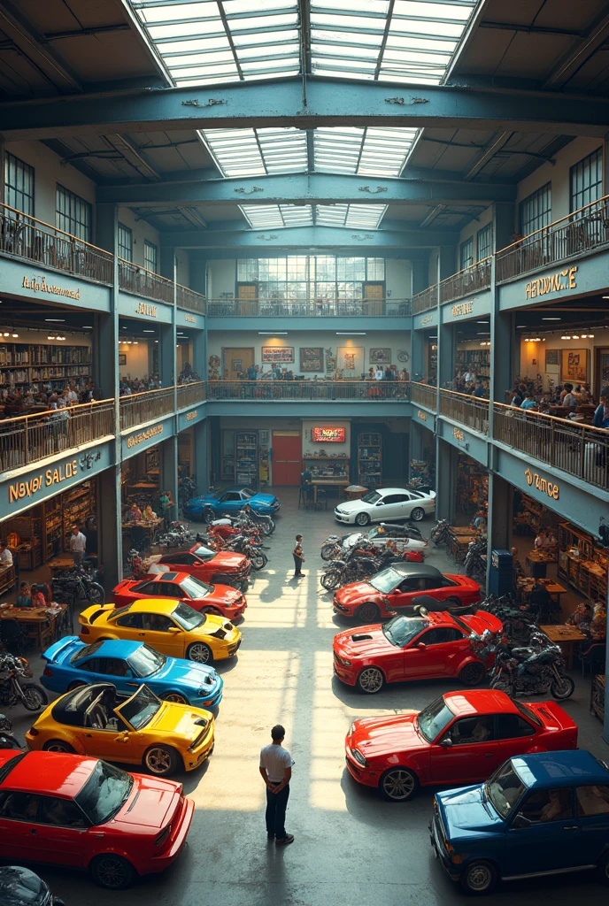 picture of a very large and spacious car and motorbike repair shop plus there is a cafe on the 3rd floor and a rooftop