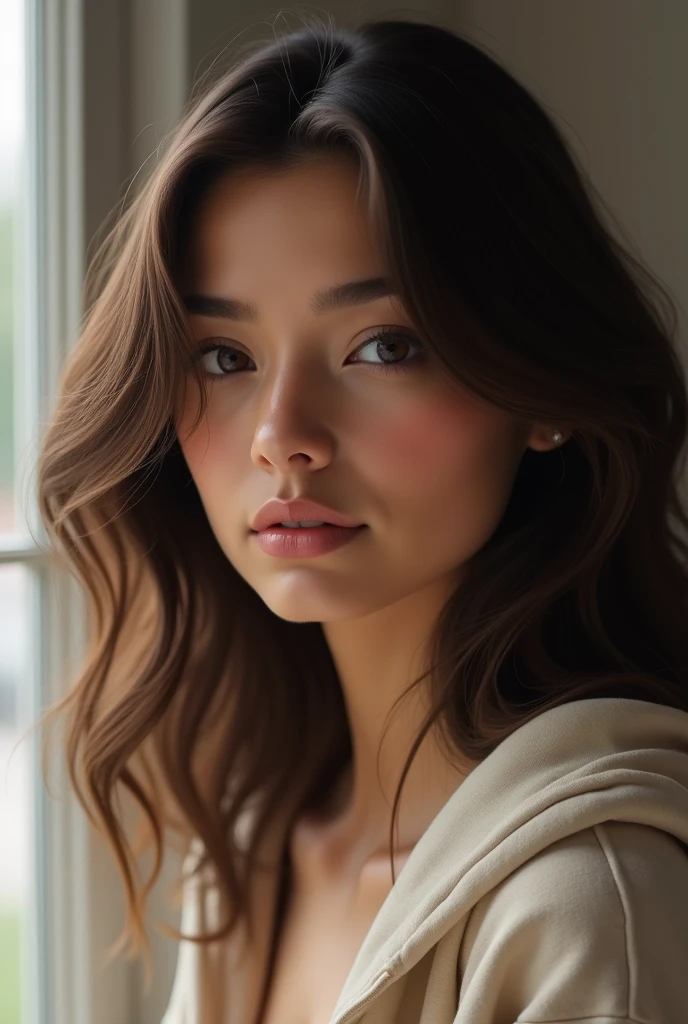 Beautiful very veryyyyyyyy very very very real and realistic looking young Latina girl with wavy brown not too long hair with not that much showing collar bones and smaller boobs ina hoodie with not that much skin showing