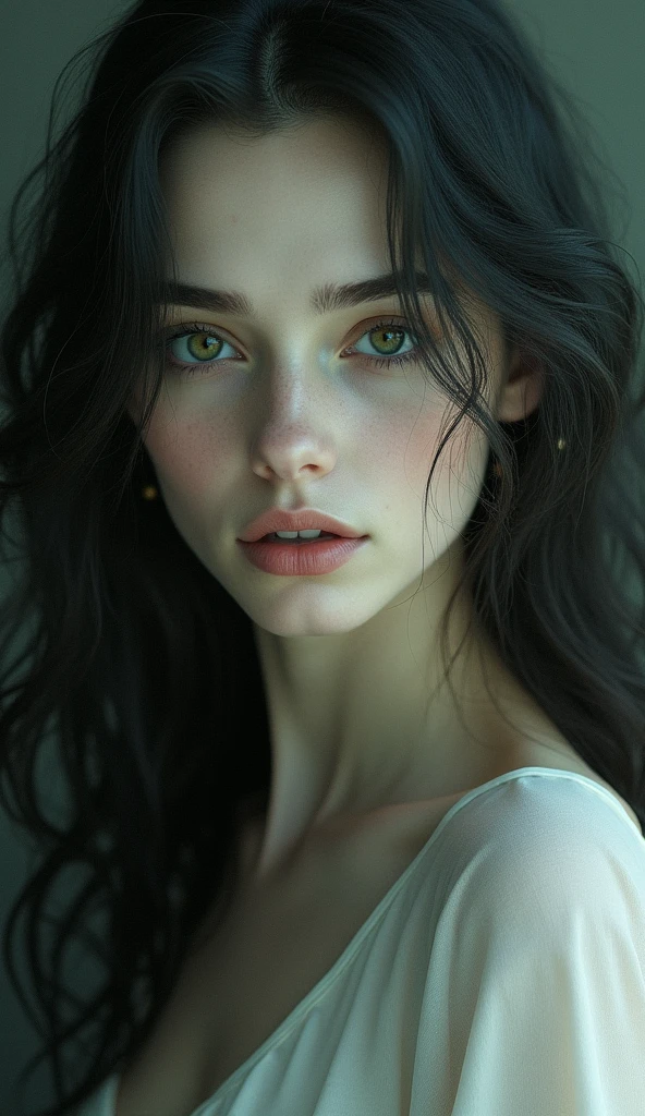 Beautiful woman with long hair, 2, white face and dull green eyes