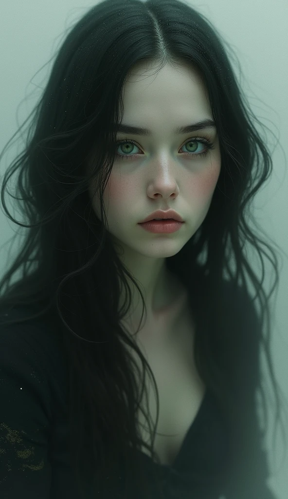 Beautiful woman with long hair, 2, white face and dull green eyes