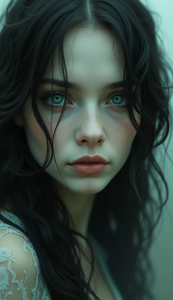Beautiful woman with long hair, 2, white face and dull green eyes