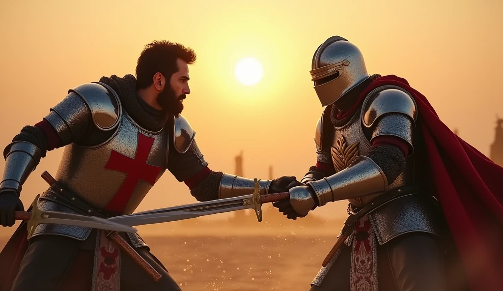 "A highly realistic, high-contrast, 8K HD, detailed, hyper-detailed image of a tense battle scene between the Crusader protagonist and the Lion-Emblazoned General. The Crusader, with his steel armor bearing a prominent red cross, has a stern expression, his dark hair and beard clearly visible as he confronts his foe. The Lion-Emblazoned General, clad in steel armor with a fierce lion emblem on his chest, keeps his face hidden behind a helmet, adding to his menacing presence. The two warriors are locked in a fierce one-on-one duel, swords clashing with sparks flying in the desolate desert battlefield. The setting sun casts long shadows, and the warm, orange light creates a dramatic contrast with the cold steel of their armors. Dust swirls around their feet, and the distant echoes of the ongoing battle heighten the tension. The image is of the highest quality, with ultra-high resolution, RAW photo quality, and Unreal Engine rendering, capturing the epic confrontation at the moment of its climax."