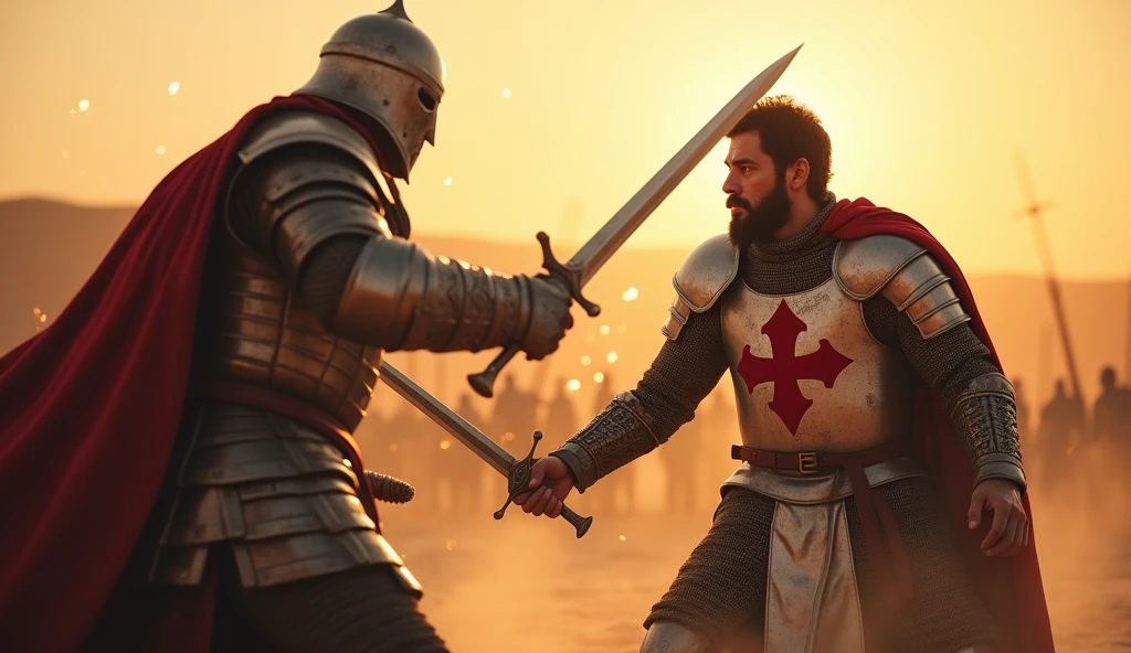 "A highly realistic, high-contrast, 8K HD, detailed, hyper-detailed image of a tense battle scene between the Crusader protagonist and the Lion-Emblazoned General. The Crusader, with his steel armor bearing a prominent red cross, has a stern expression, his dark hair and beard clearly visible as he confronts his foe. The Lion-Emblazoned General, clad in steel armor with a fierce lion emblem on his chest, keeps his face hidden behind a helmet, adding to his menacing presence. The two warriors are locked in a fierce one-on-one duel, swords clashing with sparks flying in the desolate desert battlefield. The setting sun casts long shadows, and the warm, orange light creates a dramatic contrast with the cold steel of their armors. Dust swirls around their feet, and the distant echoes of the ongoing battle heighten the tension. The image is of the highest quality, with ultra-high resolution, RAW photo quality, and Unreal Engine rendering, capturing the epic confrontation at the moment of its climax."