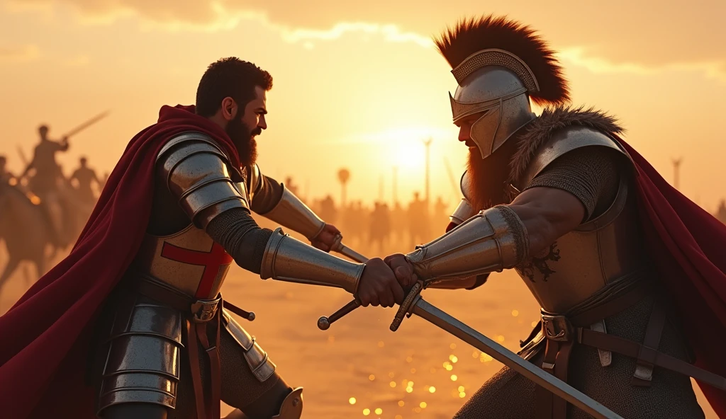 "A highly realistic, high-contrast, 8K HD, detailed, hyper-detailed image of a tense battle scene between the Crusader protagonist and the Lion-Emblazoned General. The Crusader, with his steel armor bearing a prominent red cross, has a stern expression, his dark hair and beard clearly visible as he confronts his foe. The Lion-Emblazoned General, clad in steel armor with a fierce lion emblem on his chest, keeps his face hidden behind a helmet, adding to his menacing presence. The two warriors are locked in a fierce one-on-one duel, swords clashing with sparks flying in the desolate desert battlefield. The setting sun casts long shadows, and the warm, orange light creates a dramatic contrast with the cold steel of their armors. Dust swirls around their feet, and the distant echoes of the ongoing battle heighten the tension. The image is of the highest quality, with ultra-high resolution, RAW photo quality, and Unreal Engine rendering, capturing the epic confrontation at the moment of its climax."
