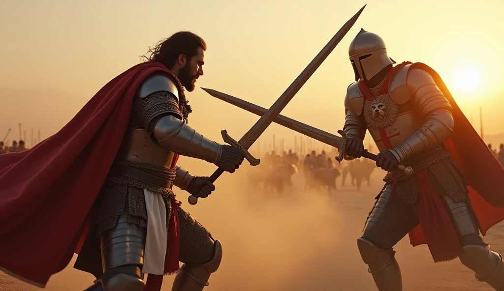 "A highly realistic, high-contrast, 8K HD, detailed, hyper-detailed image of a tense battle scene between the Crusader protagonist and the Lion-Emblazoned General. The Crusader, with his steel armor bearing a prominent red cross, has a stern expression, his dark hair and beard clearly visible as he confronts his foe. The Lion-Emblazoned General, clad in steel armor with a fierce lion emblem on his chest, keeps his face hidden behind a helmet, adding to his menacing presence. The two warriors are locked in a fierce one-on-one duel, swords clashing with sparks flying in the desolate desert battlefield. The setting sun casts long shadows, and the warm, orange light creates a dramatic contrast with the cold steel of their armors. Dust swirls around their feet, and the distant echoes of the ongoing battle heighten the tension. The image is of the highest quality, with ultra-high resolution, RAW photo quality, and Unreal Engine rendering, capturing the epic confrontation at the moment of its climax."