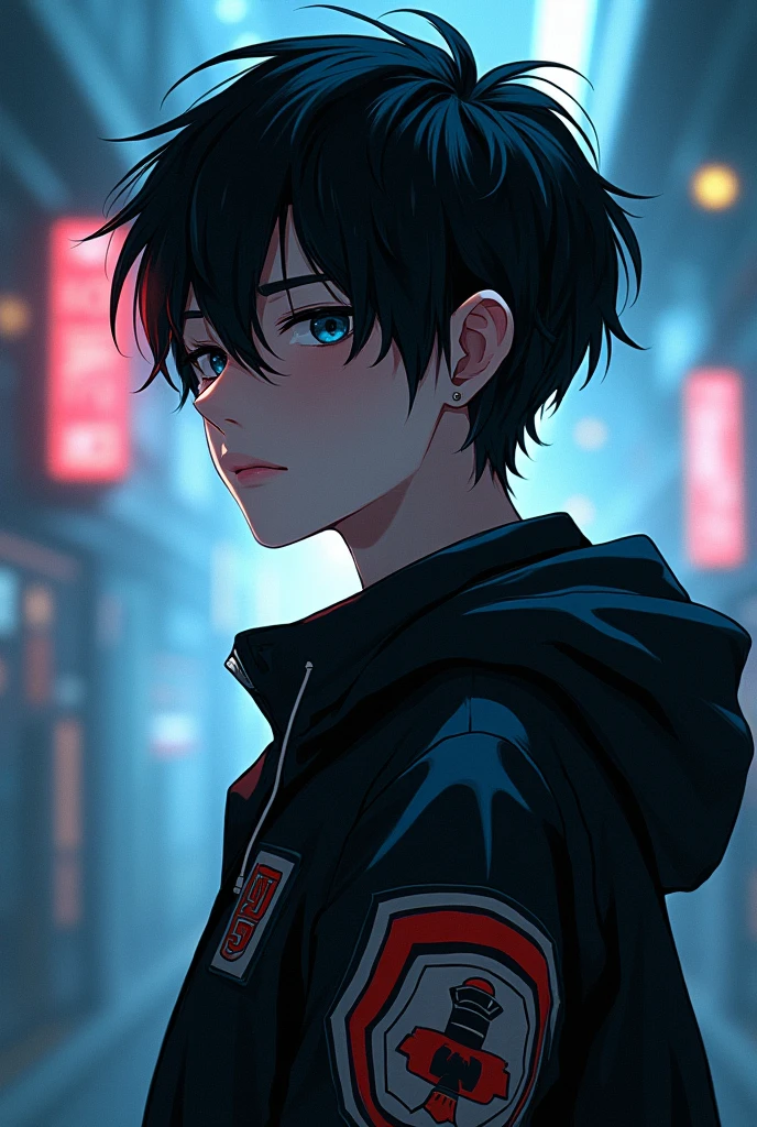 Anime boy, cyberpunk, in room, from head to waist ,boy, logo, black hair