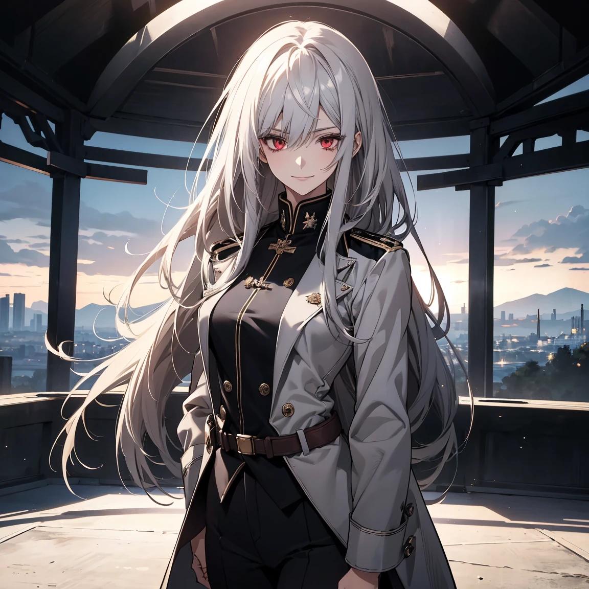 (Confused, High resolution, Very detailed), 1 female, Silver Hair,Long Hair,Bright red eyes,White and black military uniform,24th generation,beauty,mature,thin,quiet,Calm,A small smile,A kind smile,In front of people you like,Long coat,Slender and thin,boots,skinny pants,observatory,Small breasts,