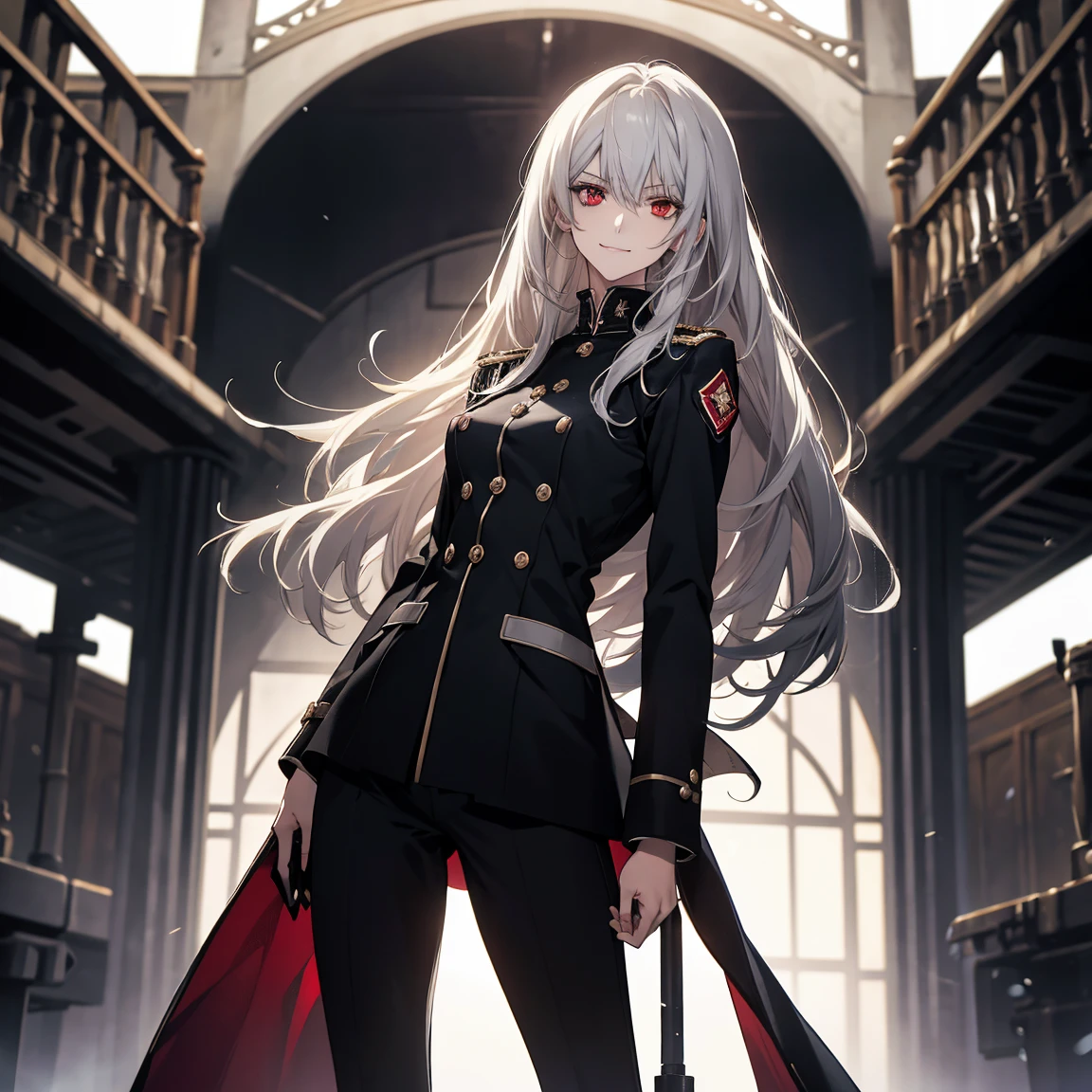 (Confused, High resolution, Very detailed), 1 female, Silver Hair,Long Hair,Bright red eyes,White and black military uniform,24th generation,beauty,mature,thin,quiet,Calm,A small smile,A kind smile,In front of people you like,Long coat,Slender and thin,boots,skinny pants,observatory,Small breasts,